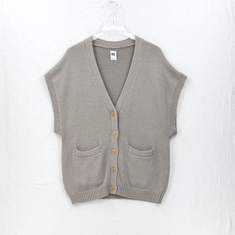 NSF Sweater Vest Women Small Gray Button Front Knit V-Neck Sleeveless Pockets